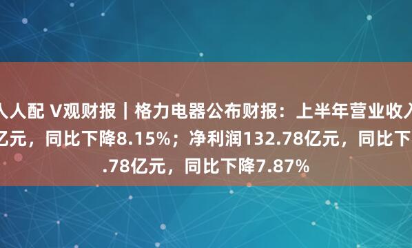 人人配 V观财报｜格力电器公布财报：上半年营业收入893.98亿元，同比下降8.15%；净利润132.78亿元，同比下降7.87%